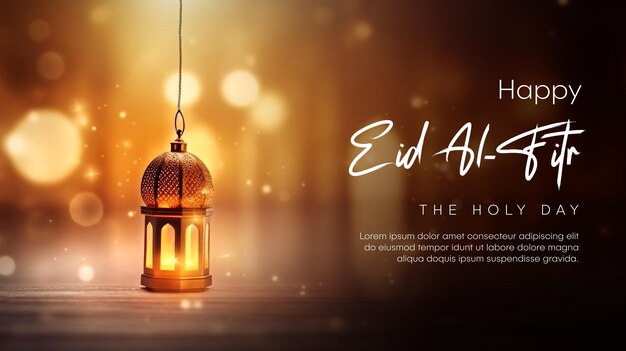 Eid Al Fitr met Hanging Golden Lantern en Bokeh Lighting achtergrond Eid Mubarak.