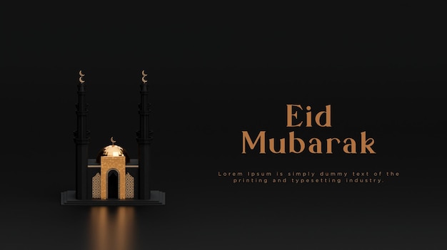 Eid al fitr moderne moskee islamitische groeten banner voor sociale media zwarte achtergrond 3d render