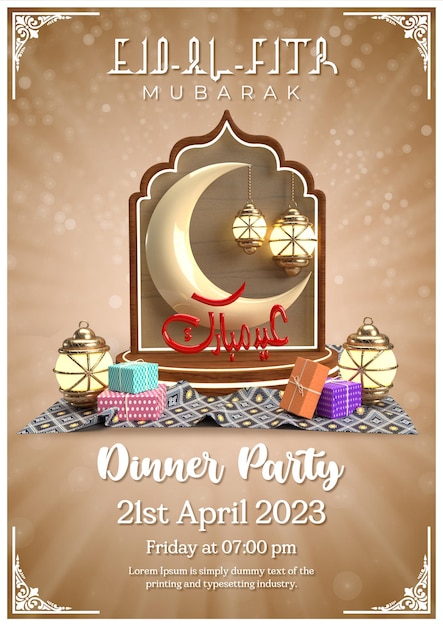 Eid al fitr mubarak 3d render flyer template