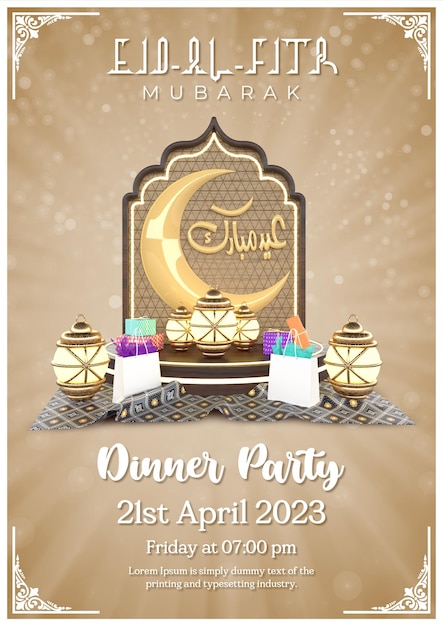 PSD eid al fitr mubarak 3d render flyer template