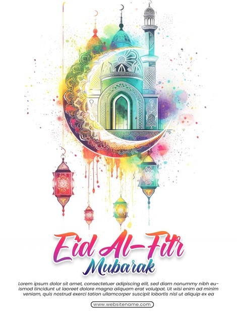 PSD eid al fitr mubarak modello di design di saluto colorato con luna crescente di lusso e lanterna