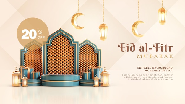 Eid Al Fitr Mubarak 인사말 배경 3d 연단 이슬람 아랍어 랜턴 초승달 녹색 시안