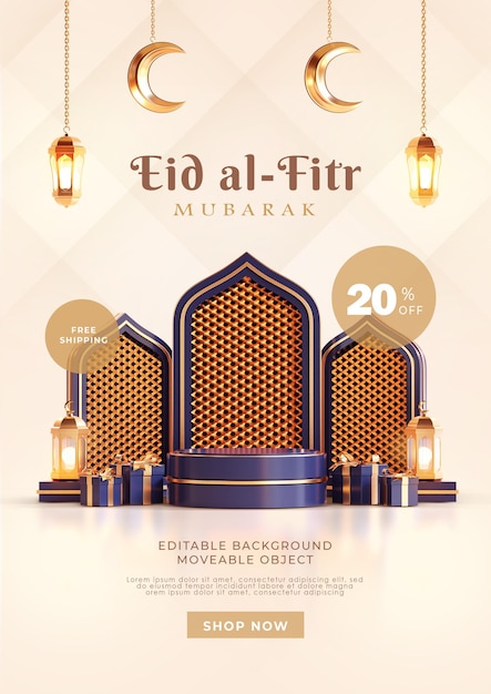 PSD eid al fitr mubarak greeting flyer poster 3d podium islamic arabic lantern crescent moon blue navy