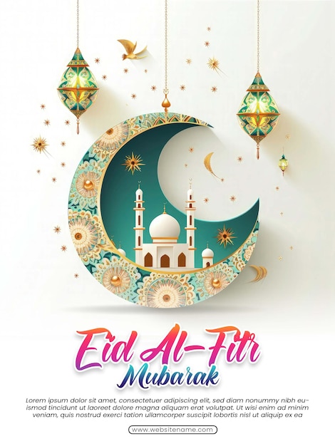 PSD eid al fitr mubarak groet ontwerp sjabloon met luxe halve maan en lantaarn