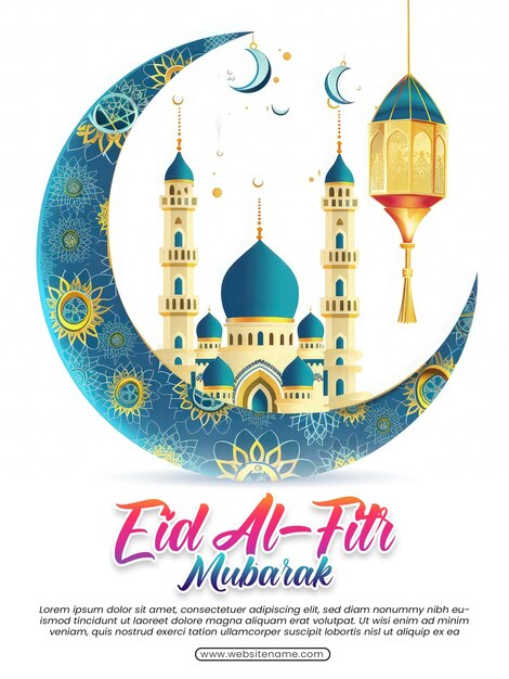 PSD eid al fitr mubarak groet ontwerp sjabloon met luxe halve maan en lantaarn