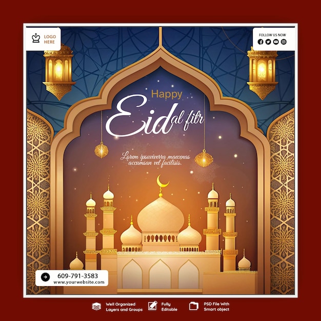 Eid Al Fitr Mubarak Islamic Festival Social Media Post Design Template