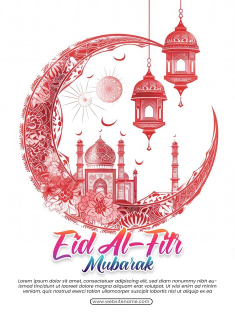 PSD eid al fitr mubarak kleurrijke groet ontwerp sjabloon met luxe halve maan en lantaarn