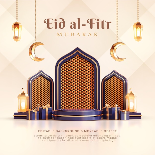 Eid Al Fitr Mubarak Szablon Mediów Społecznościowych 3d Podium Arabski Islamska Latarnia Półksiężyc Niebieski Granatowy