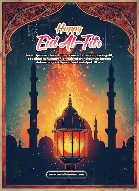 Modello di poster di eid al fitr con una lanterna colorata e una moschea