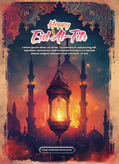 PSD eid al fitr poster template with a colorful lantern and mosque