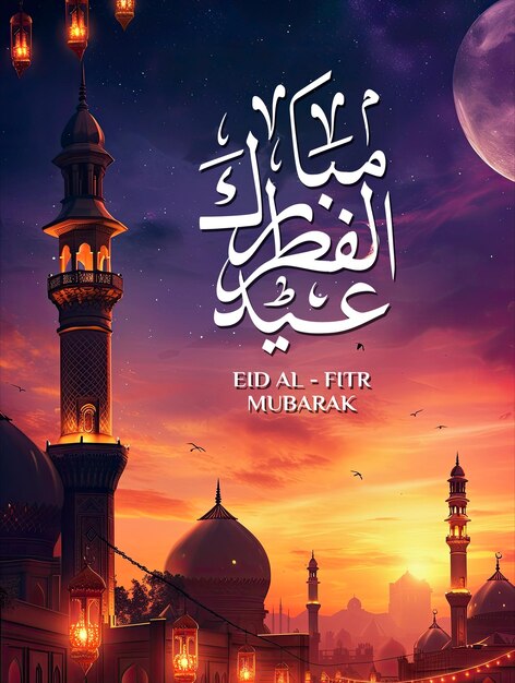 Eid al fitr poster template with a lantern background at night