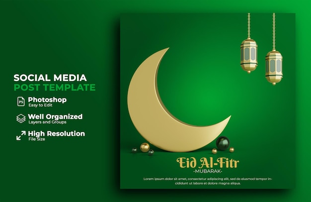 PSD eid al fitr sale banner with islamic ornament for social media post 3d rendering