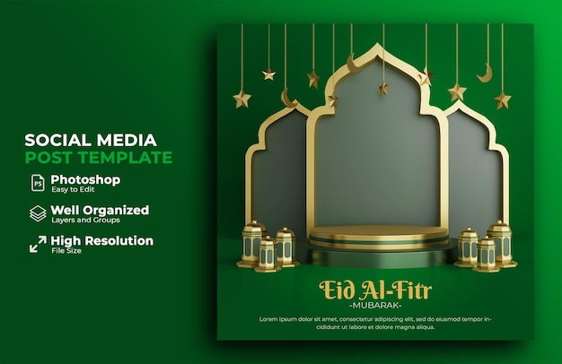 Banner di vendita eid al fitr con podio e ornamento islamico per il rendering 3d dei social media