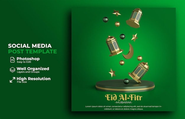 Eid al fitr-verkoopbanner met podium en islamitisch ornament voor sociale media na 3D-rendering