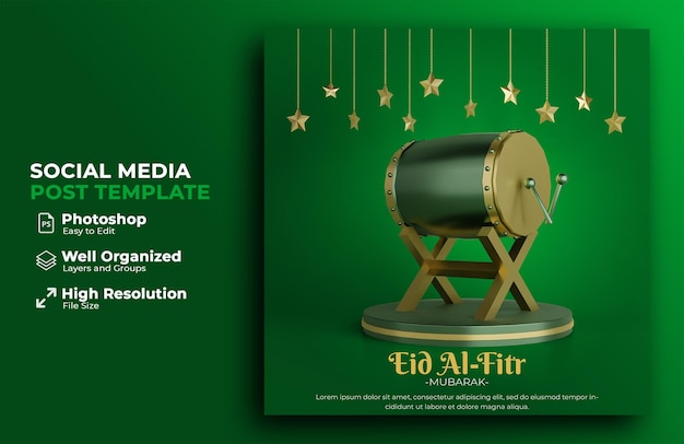 Eid al fitr-verkoopbanner met podium en islamitisch ornament voor sociale media na 3D-rendering