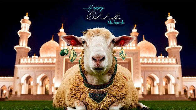 PSD eid aladha a poster with an arabic mosque and a goat