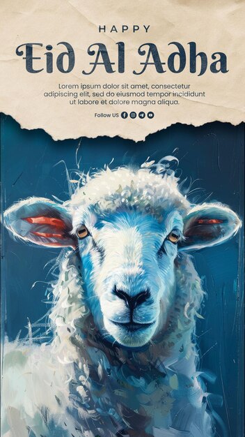 PSD eid aladha social media post with a portrait painting background of a calm happy sheep