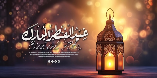 Eid alFitr banner Arabic calligraphy of Happy Eid with a luxurious Islamic background