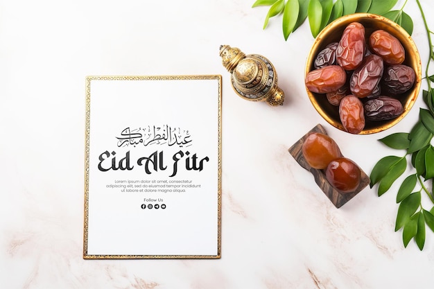 PSD eid alfitr greeting card with bronze plate with dates fruit olive branches glowing moroccan lante