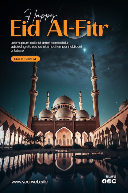 Manifesto di saluto di eid alfitr con una moschea e la luna come sfondo