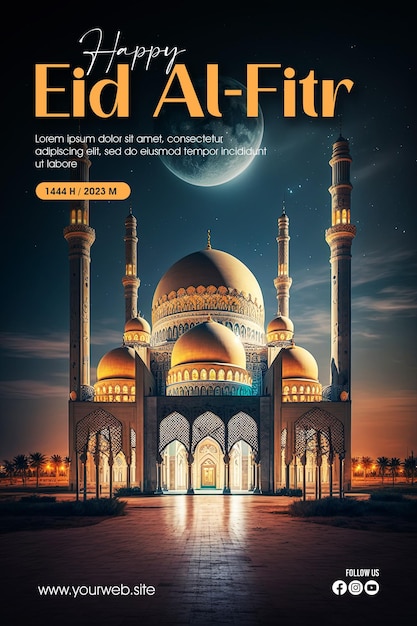 Eid alfitr greeting poster with a mosque and moon as a background