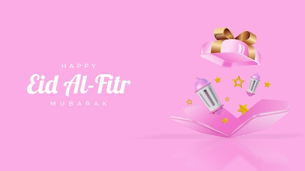 PSD eid alfitr groet achtergrond banner met podium geschenkdozen en islamitische decoratie-objecten