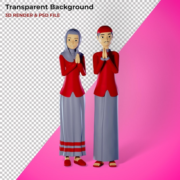 Eid alfitr marito e moglie 3d personaggio illustrazione premium sfondo trasparente psd