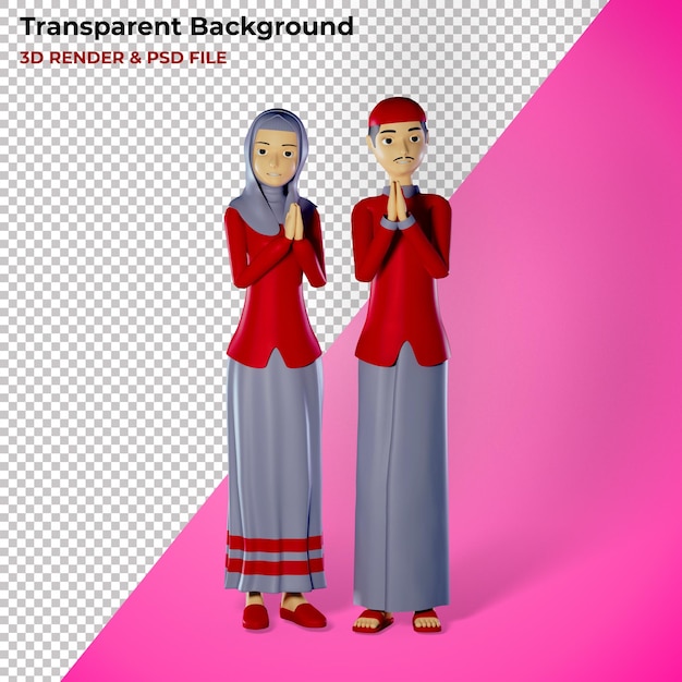 PSD eid alfitr man en vrouw 3d karakter illustratie premium transparante achtergrond psd