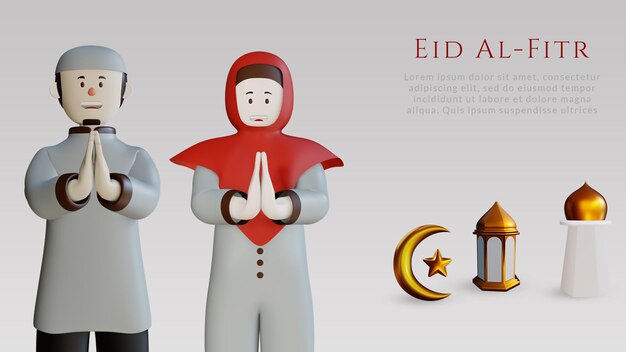 Eid alfitr mubarak 3D rendering with lantern crescent moon lantern and golden star