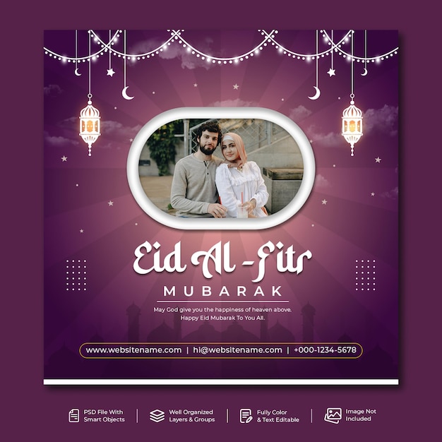 Eid alfitr mubarak social media post banner squire flyer design psd template