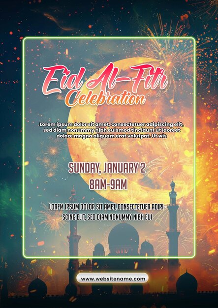 Eid alfitr poster template with colorful fireworks ramadan poster