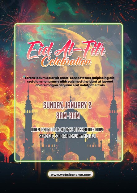 PSD modello di poster di eid alfitr con fuochi d'artificio colorati poster di ramadan