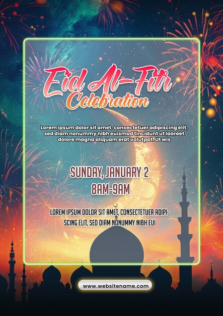 Modello di poster di eid alfitr con fuochi d'artificio colorati poster di ramadan