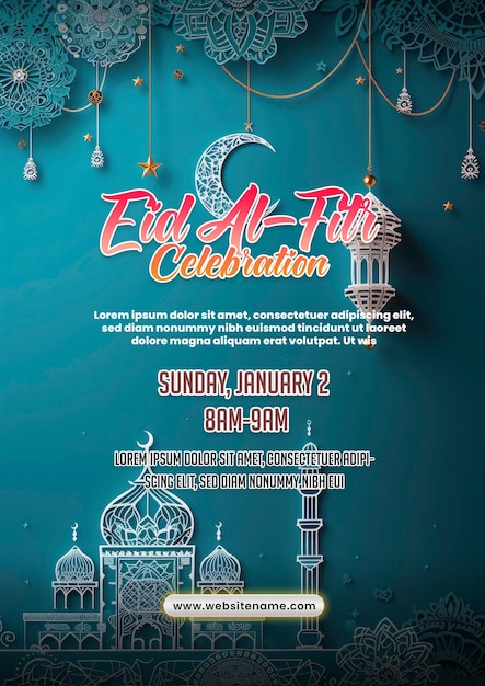 PSD modello di poster di eid alfitr con modello di mandal e lampada di ramadan poster di ramadan