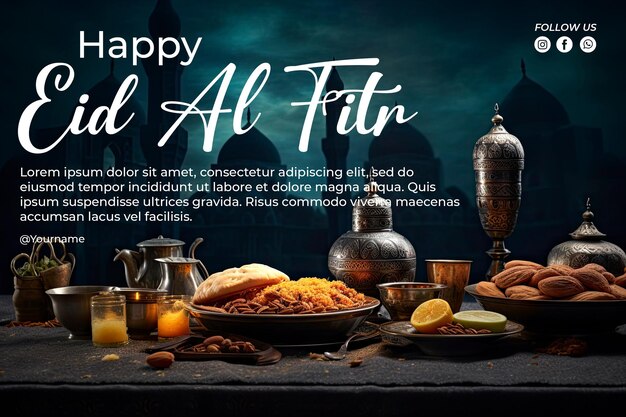 PSD eid alfitr table decorated with arabic food with copy space