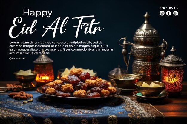 PSD eid alfitr table decorated with arabic food with copy space