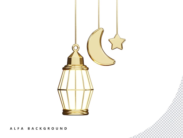 PSD eid festival lampade dorate, luna e stelle con icona vettoriale 3d cartoon stile minimo illustrazione