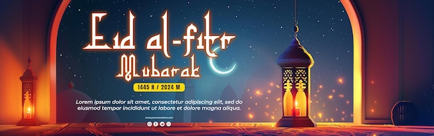Eid Fitr with a night view background with a mosque and crescent moon