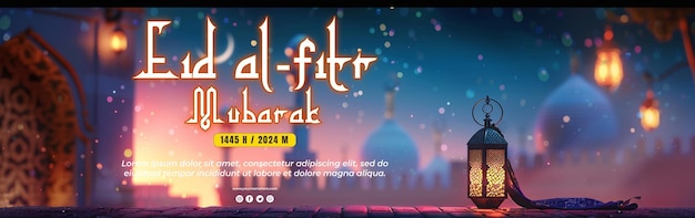 이드 피트르 (Eid Fitr) 의 야간 풍경 배경에는 모스크와 반달이 있습니다.