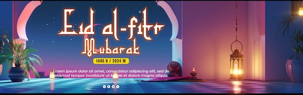 Eid Fitr with a night view background with a mosque and crescent moon