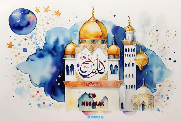 PSD eid mobarak ramadan islamic kareem latarnia kreatywne akwarelowe tło z edytowalnym projektem psd