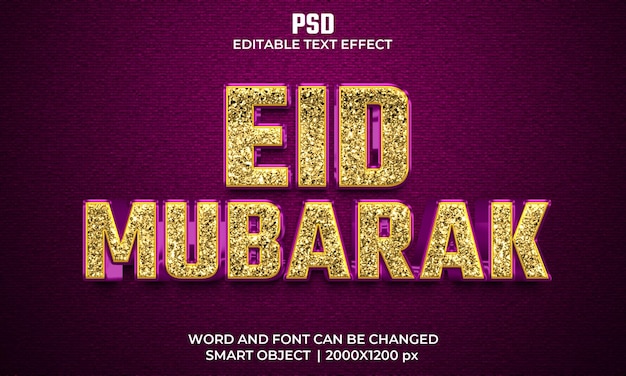 Eid mubarak 3d bewerkbaar teksteffect premium psd met achtergrond