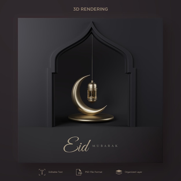Eid mubarak rendering 3d con elegante sfondo nero