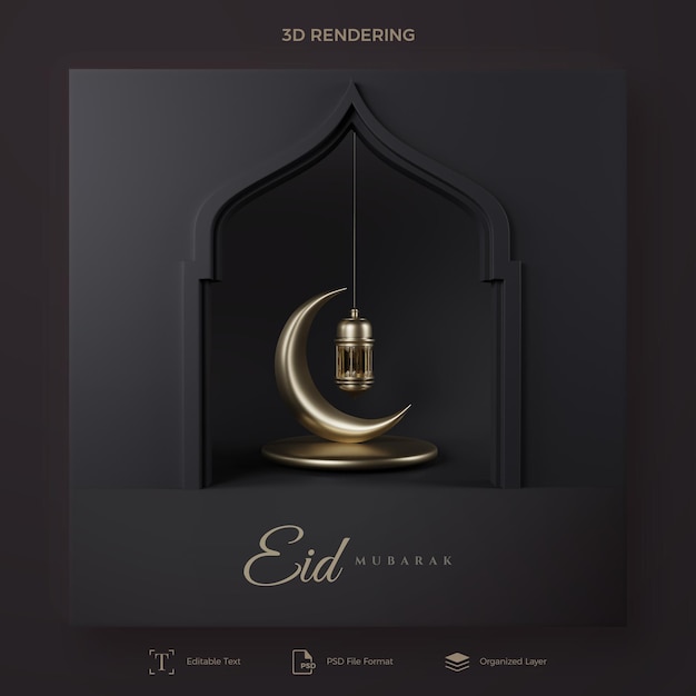 Eid mubarak 3d rendering with elegant black background