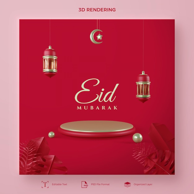 Eid mubarak rendering 3d con podio dorato