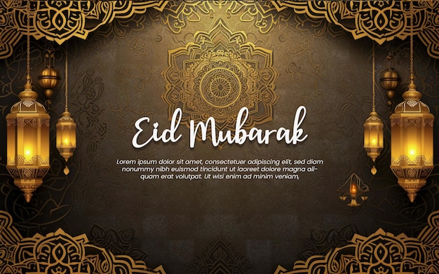 PSD eid mubarak background greeting card template gold paper and gold mandala with ramadam lantarn