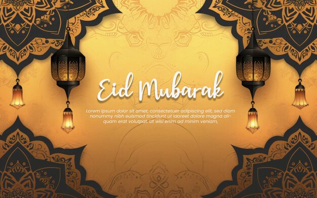 PSD eid mubarak background greeting card template gold paper and gold mandala with ramadam lantarn