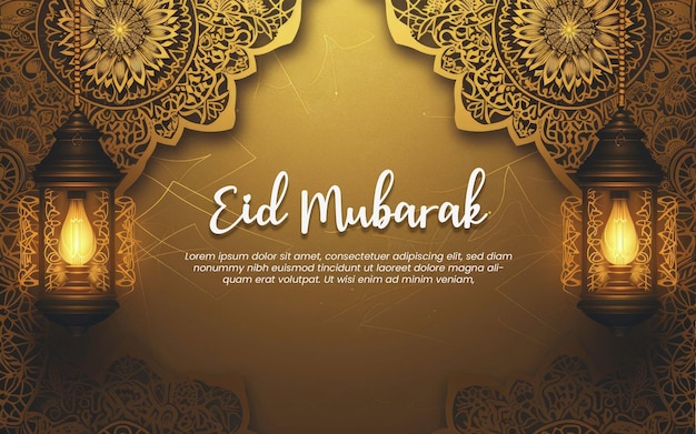 PSD eid mubarak background greeting card template gold paper and gold mandala with ramadam lantarn