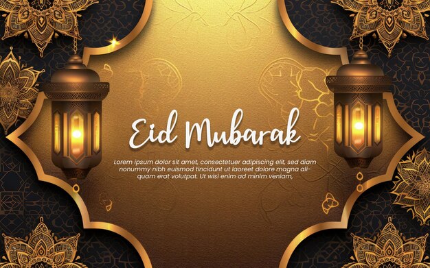 PSD eid mubarak background greeting card template gold paper and gold mandala with ramadam lantarn