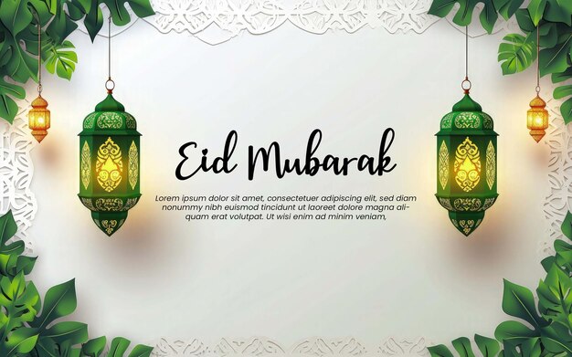 Eid mubarak background greeting card template white paper and green mandala with ramadam lantarn